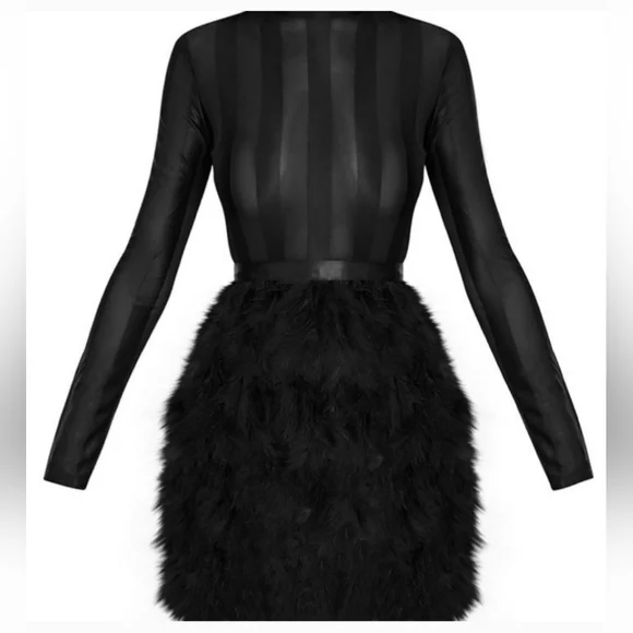 PrettyLittleThing Black Feather Bottom Dress - Picture 4 of 14